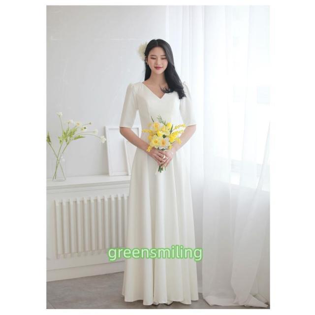 ウェディングドレス ロングドレス 二次会 半袖 Vネック サテン 結婚式 前撮り ワンピース シンプル 編み上げ 白 ブライダル 花嫁 ウエディングドレス