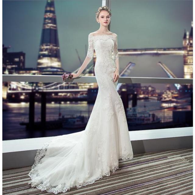 ウエディングドレス マーメイド 袖あり 上品 ウェディングドレス 花嫁 結婚式 白 パーティードレス フォーマル 二次会 ブライダル ロングドレス