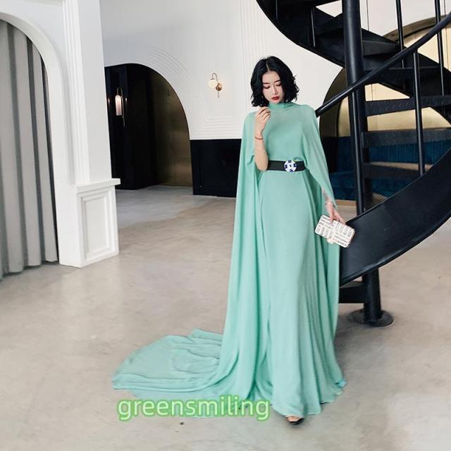 カラードレス ケープスリーブ マントドレス グリーン パーティードレス フォーマルドレス グリーン ロングドレス 発表会 演奏会 イブニングドレス 緑 40代 50代