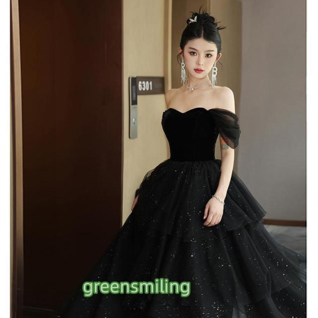 カラードレス ブラック オフショルダー プリンセスドレス 結婚式 二次会 発表会 黒 ロングドレス ウェディングドレス ウエディングドレス イブニングドレス