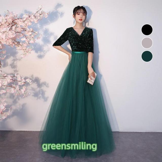 カラードレス グリーン ブラック グレー ロングドレス 演奏会 発表会 コンサート コンクール 舞台 コーラス 合唱衣装 大人 ステージドレス Vネック 大きいサイズ