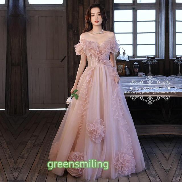 カラードレス ウェディングドレス Aラインドレス ピンク オフショルダー 編み上げ ウエディングドレス イブニングドレス 発表会 演奏会 結婚式 二次会 花嫁 上品