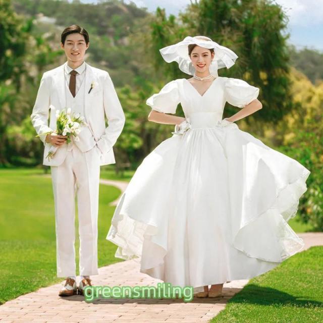 ウェディングドレス ウエディングドレス パフスリーブ Vネック 白 二次会 結婚式 前撮り ブライダル ロングドレス 花嫁 プリンセスドレス Aラインドレス サテン ウェディングドレス ウエディングドレス パフスリーブ Vネック 白