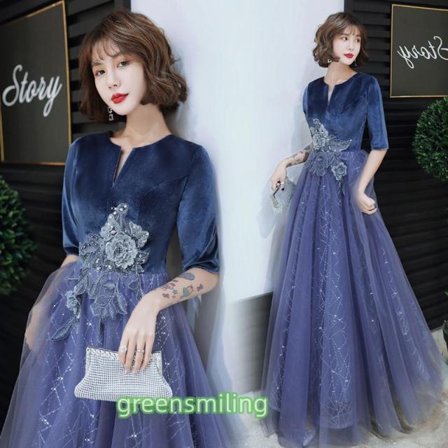 カラードレス ファスナー パーティードレス フォーマルドレス ロングドレス 半袖 ブルー 結婚式 二次会 発表会 青 ベルベット 5分袖 20代 30代 40代 切替 春秋