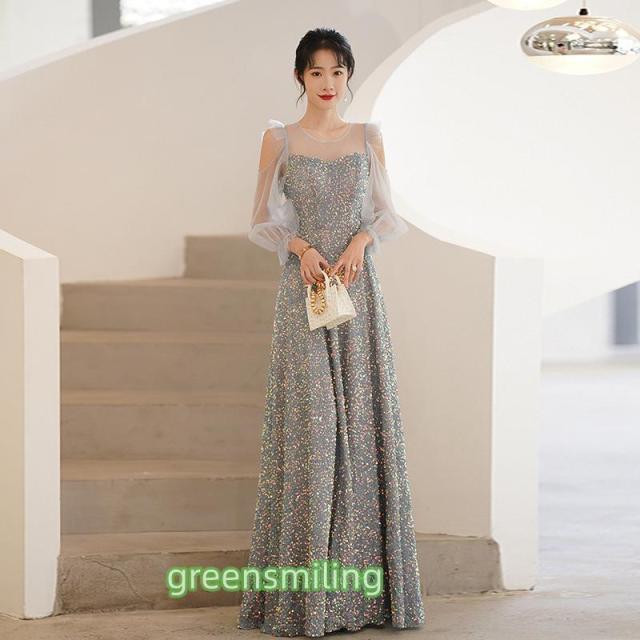 カラードレス カクテルドレス スパンコール 袖付き グレーブルー ロングドレス パーティードレス 発表会 演奏会 ステージ コンクール イブニングドレス