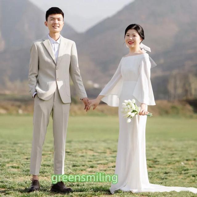 ウェディングドレス 二次会 結婚式 ブライダル サテン ベルスリーブ 長袖 トレーン 前撮り 挙式 花嫁 リゾートウェディング 記念撮影 ガーデンウエディング