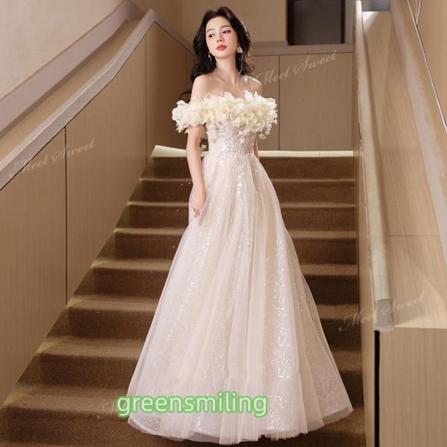 カラードレス ウェディングドレス シャンパン ベージュ オフショルダー フラワー ウエディングドレスドレス パーティードレス 演奏会 発表会 結婚式 二次会