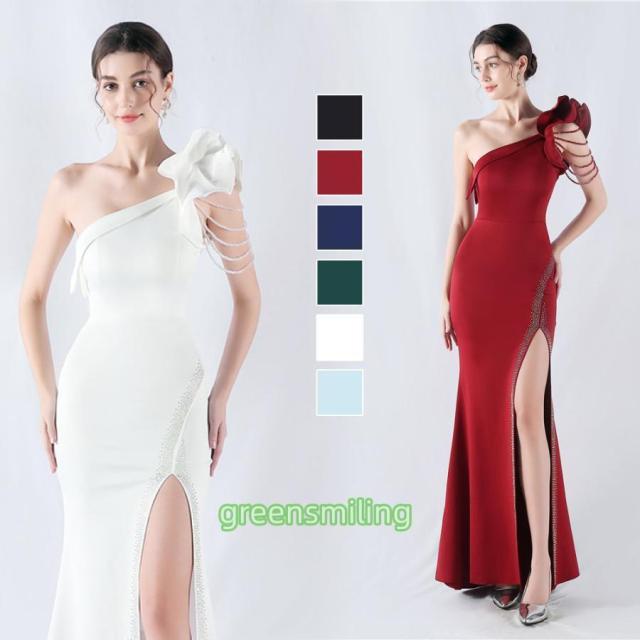 カラードレス マーメイドドレス ワンショルダー スリット ビーズ ロングドレス ウェディングドレス 結婚式 二次会 発表会 パーティードレス イブニングドレス