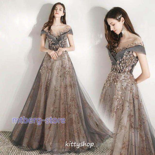 パーティードレス グレー ドレス イブニングドレス ロング丈 半袖 マキシ丈 40代 二次会 お呼ばれドレス 20代 30代 チュール ドレス Aライン 結婚式 成人式