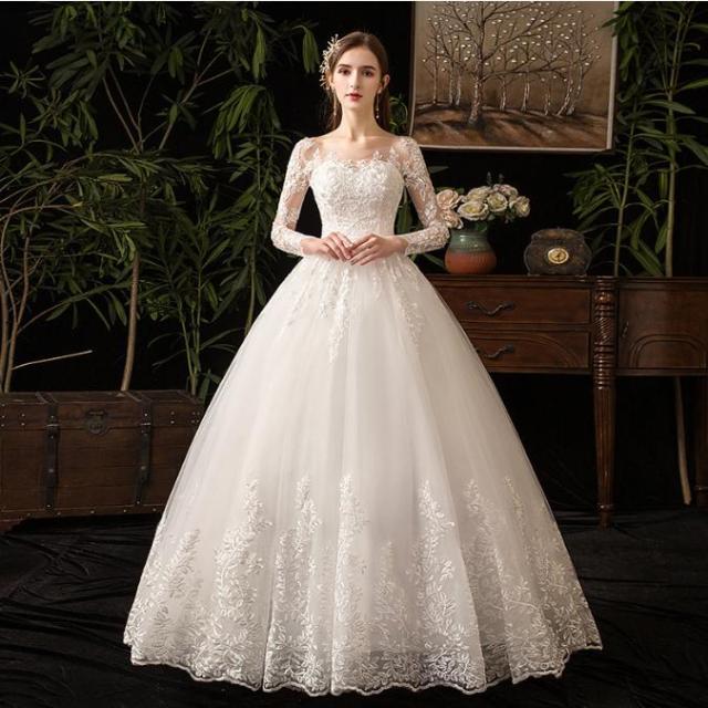 ウェディングドレス 白 ホワイト ロングドレス セットアップ パニエ/手袋/ベール追加可能 ラウンドネック 長袖あり 背中開き