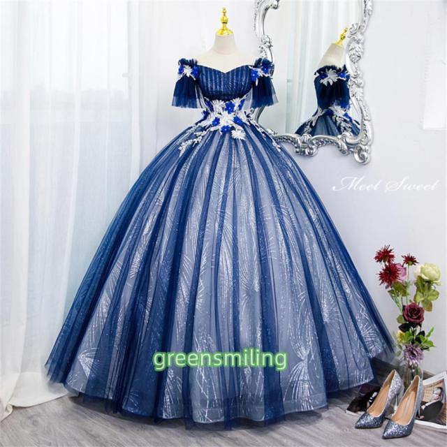 カラードレス 編み上げ ブルー ネイビー ステージドレス ロングドレス 結婚式 二次会 発表会 演奏会 ウェディングドレス ウエディングドレス プリンセスドレス