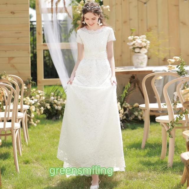 ウェディングドレス 二次会 結婚式 披露宴 ブライダル 半袖 総レース ロングドレス 花嫁 ウエディングドレス Aライン オフホワイト ファスナー リゾート 前撮り