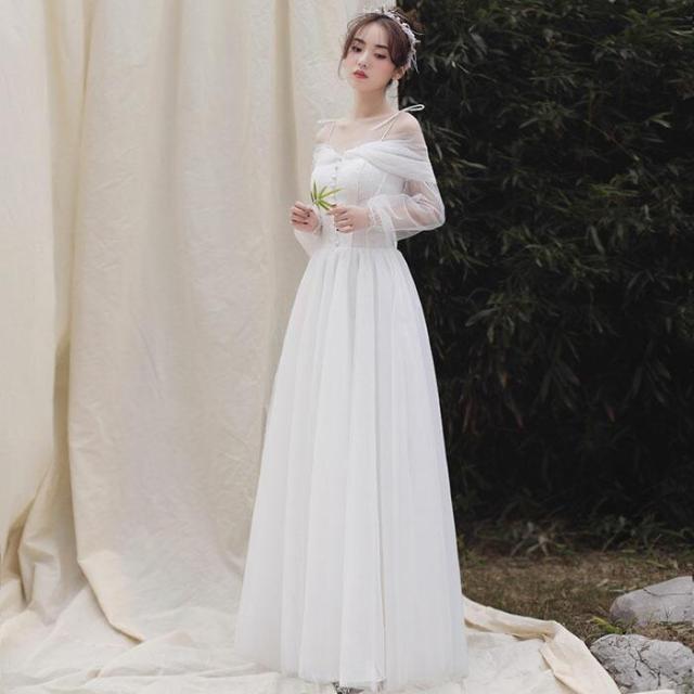 ウエディングドレス 結婚式 二次会 袖あり 花嫁 披露宴 ウェディングドレス ロングドレス ブライダル Aラインドレス wedding dress ホワイト 長袖 セミオーダー