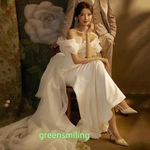 ウェディングドレス ウエディングドレス フリル 二次会 結婚式 前撮り ブライダル ロングドレス 花嫁 マーメイドドレス オフショルダー リボン サテン 編み上げ