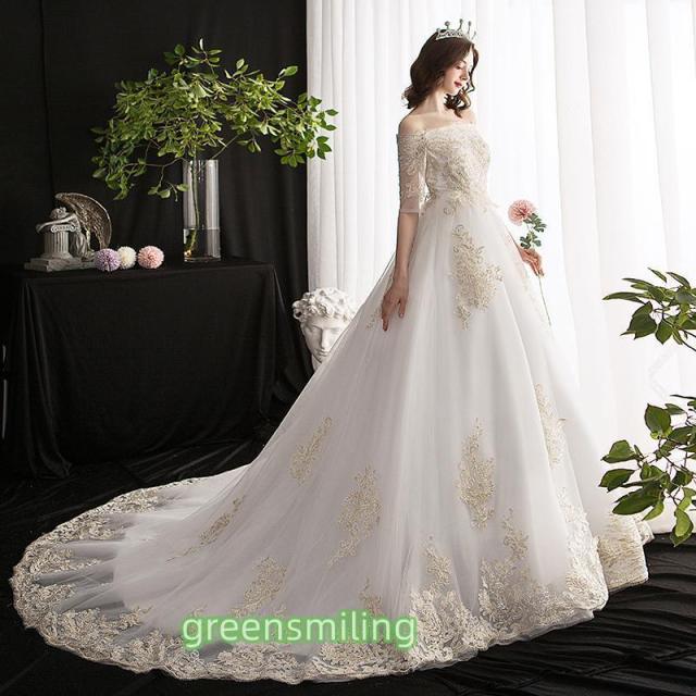 ウェディングドレス 二次会 結婚式 披露宴 ブライダル ロングドレス 花嫁 ウエディングドレス Aラインドレス オフホワイト 編み上げ トレーン ゴールド刺繍