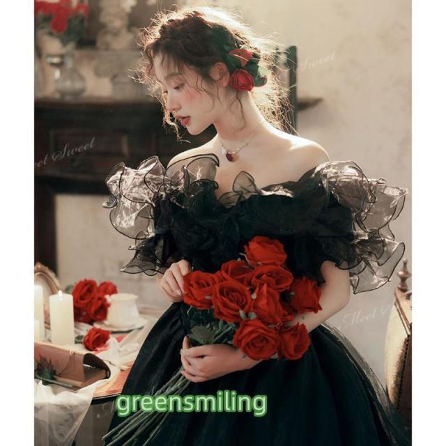 カラードレス プリンセス ブラック オフショルダー ボリューム オーガンジー ウェディングドレスドレス 演奏会 結婚式 二次会 演奏会 発表会 パーティードレス