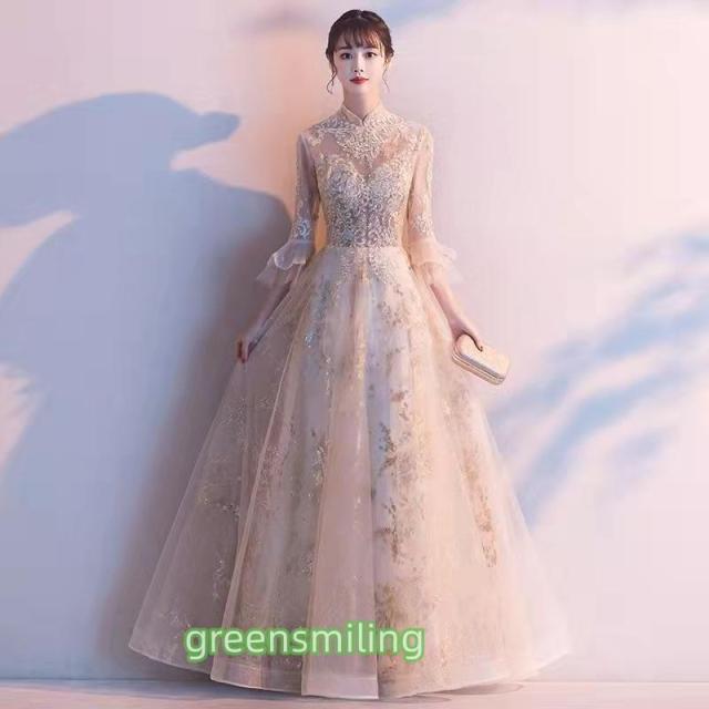 カラードレス ロングドレス パーティードレス 発表会 演奏会 ステージドレス コンクール イブニングドレス フォマール シャンパン 立ち襟 6分袖 袖付き