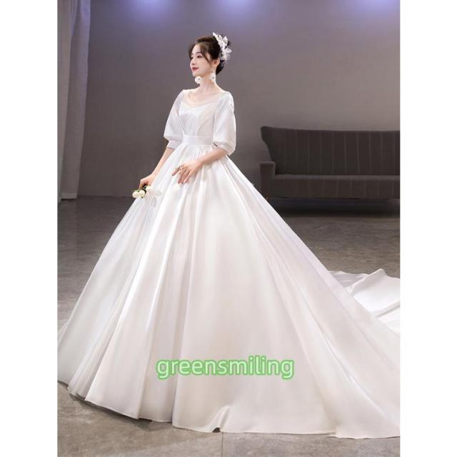 ウェディングドレス ウエディングドレス 二次会 結婚式 前撮り ブライダル ロングドレス 花嫁 プリンセスドレス プリンセスラインドレス サテン 白 半袖 5分袖