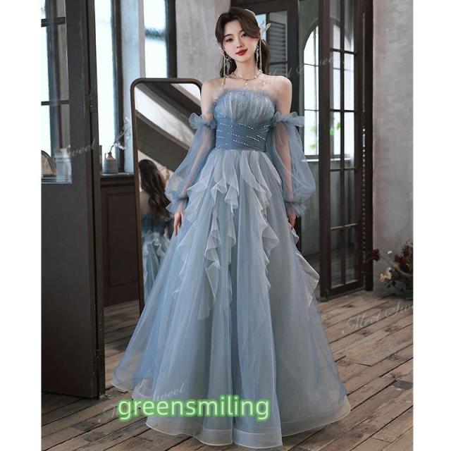 カラードレス 2way 袖付き ブルー フリル ベアトップ オフショルダー 二次会 ウェディングドレスドレス 演奏会 結婚式 音楽会 発表会 パーティードレス