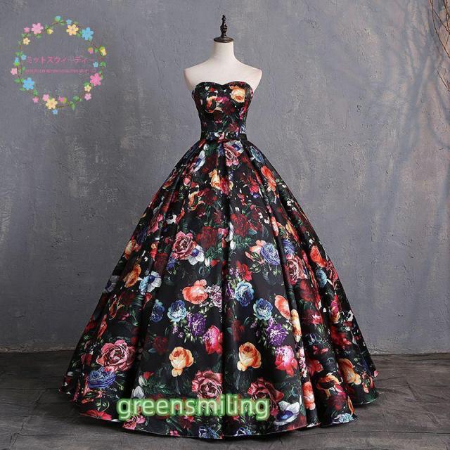 カラードレス ブラック ビスチェドレス 花柄 結婚式 披露宴 二次会 ウエディングドレス 黒 演奏会 発表会 パーティードレス ベアトップ 編み上げ サイズオーダー