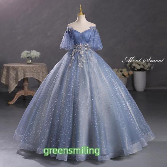 カラードレス 編み上げ ブルー ベルスリーブ ロングドレス 結婚式 二次会 発表会 演奏会 ウェディングドレス ウエディングドレス 花嫁 前撮り プリンセスドレス