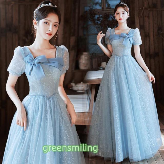 カラードレス ファスナー ブルー 半袖 青 パーティードレス ロングドレス 結婚式 二次会 発表会 演奏会 ウェディングドレス ウエディングドレス Aラインドレス