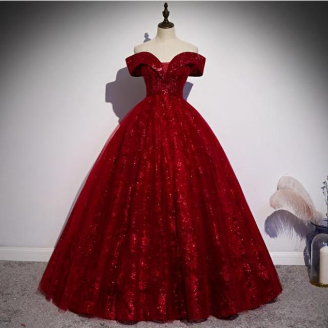 カラードレス パーティードレス Aライン 赤 レッド 半袖 リーフ 花柄 演奏会 発表会 ウェディングドレス 編み上げ 上品 花嫁 結婚式 イブニングドレス 高級感