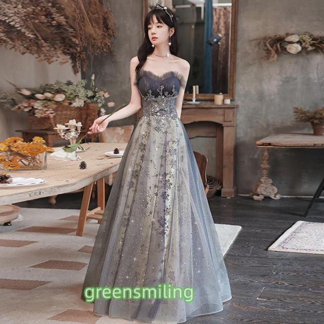 カラードレス カクテルドレス ロングドレス パーティードレス グレー キラキラ ビスチェ 発表会 演奏会 ステージドレス コンクール イブニングドレス