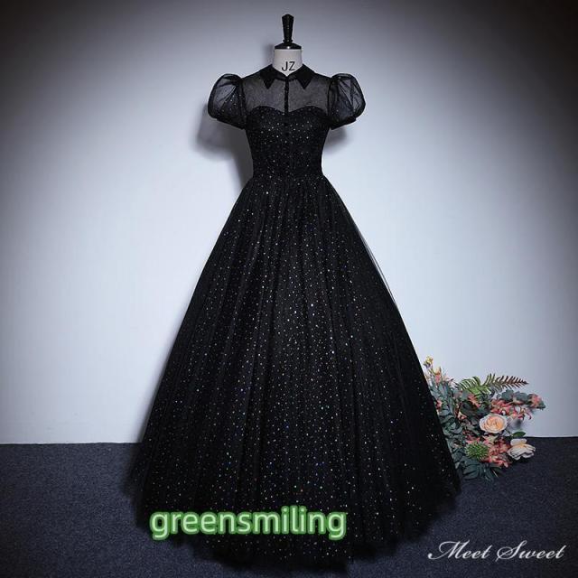 カラードレス 編み上げ ブラック 黒 袖付き ロングドレス 結婚式 二次会 発表会 演奏会 ウェディングドレス ウエディングドレス 花嫁 前撮り 大人 Aラインドレス