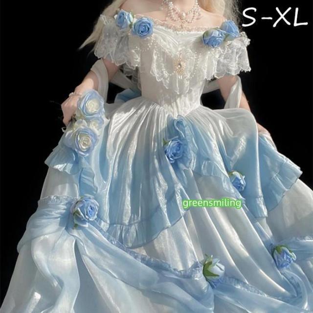 ワンピース ロリータ ブルー 成人式 パフスカート S M L XL おしゃれ コスプレ お嬢様 パーティー プレゼント イブニングドレス レディース