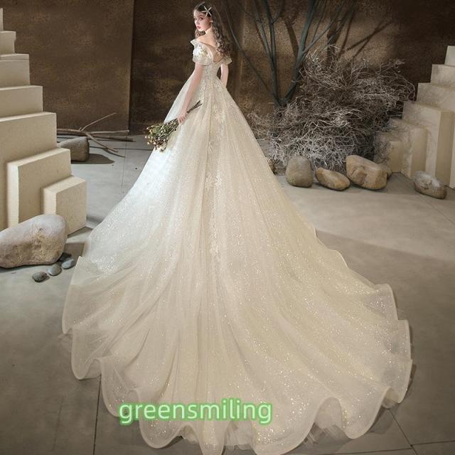 ウェディングドレス 花嫁 二次会 ウエディングドレス 結婚式 ロングドレス Aラインドレス オフショルダー トレーン 挙式 披露宴 ブライダル 編み上げ 華やか