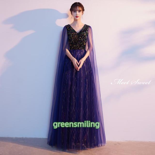 カラードレス ロングドレス 演奏会ドレス ネイビー 発表会 コンサート コンクール 舞台 紺 コーラス ケープスリーブ 主役 大人 ステージドレス 大きいサイズ