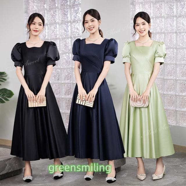 カラードレス パーティードレス ブラック ネイビー グリーン お呼ばれ フォーマル ワンピース パフスリーブ サテン 結婚式 二次会 同窓会 入学式 入園式かわいい