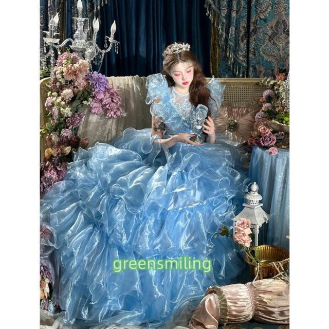 カラードレス ブルー ホワイト ウェディングドレス ボリューム 結婚式 二次会 大正昭和 ウエディングドレス レトロ婚 お誕生日 パーティードレス プリンセス