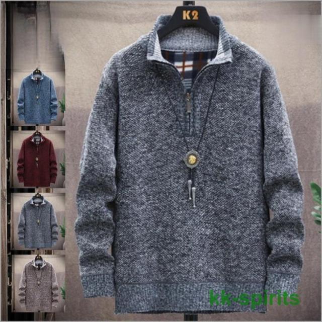 ニットセーター メンズ 立ち襟 ハーフジップ ニット 長袖 セーター 厚手 裏起毛 アウター 防寒 秋