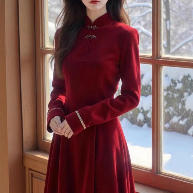 チャイナ風 ワンピース レディース チャイナ チャイナドレス チャイナボタン チャイナ服 中国風 衣装 長袖 赤 レッド 漢服 秋 ゆったり 大きい