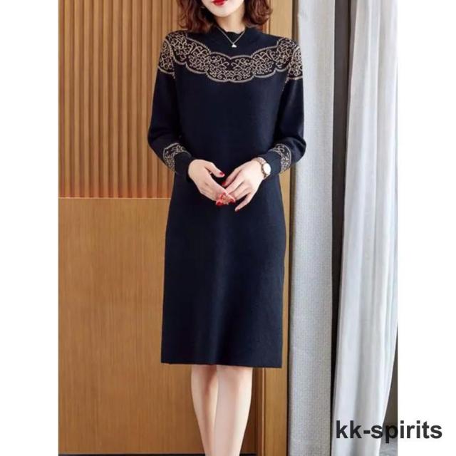 ニットワンピース 秋冬 長袖 カシミヤ 秋 冬 刺繍 二次会 入学式 卒園式 発表会 オフィス カジュアル きれいめ 上品 体型カバー 20代 30代 40代 50代 60代 70代