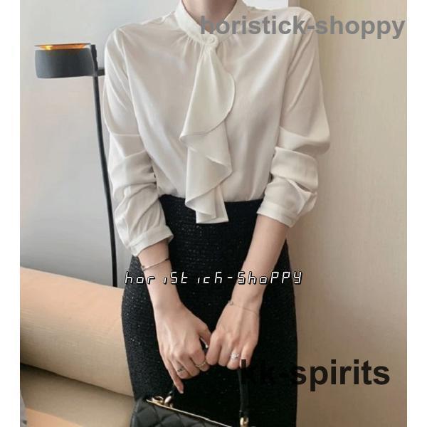 ブラウス レディース トップス 長袖 ボウタイブラウス 春 秋 スカーフタイ シャツブラウス バンドカラー 大きいサイズ オフィス 通勤服 白 スーツ インナー
