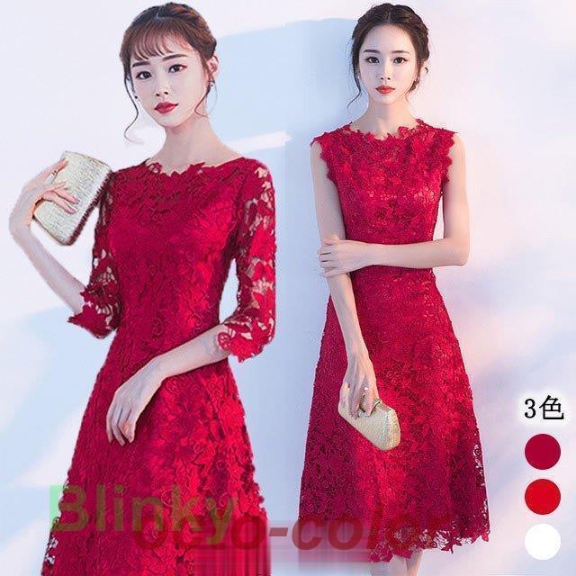 結婚式ドレス レース ワイン赤 ゲストドレス ノースリーブ 5分袖 2タイプ 赤 レースドレス ミモレ丈 パーティードレス 二次会 お呼ばれドレス