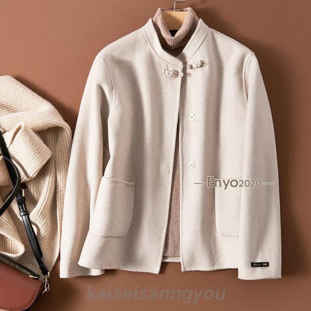 レディース ダブルフェイス仕様になる100％ウール地のノーカラーコート アウター 秋服 チャイナボタン 冬服 きれいめ スプリングコート