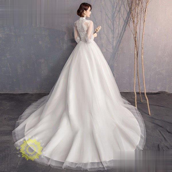 ウェディングドレス ウェディングドレス白 パーティードレス ハイネック レース花嫁ロングドレス 結婚式 トレーンライン 二次会 エレガント お呼ばれ