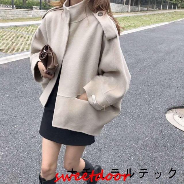 ショートコート レディース きれいめ ファッション 20代 30代 40代 50代 女性 冬 秋 マントコート ルーズウールコート スタンドカラー アウター 秋冬