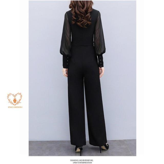 パンツドレス レディース ワイドパンツ ロンパース シフォン シンプル エレガント 無地 長袖 結婚式 パーティー 入学式 入園式 卒業 20代 30代 40代 50代