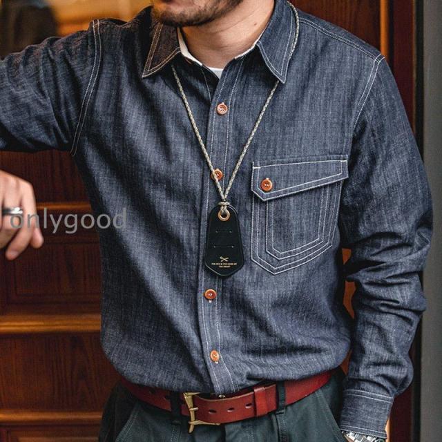 デニム シャツジャケット メンズ ビジネス 通勤 ワークシャツ 長袖シャツ カジュアル V 海軍 アメカジ レトロ