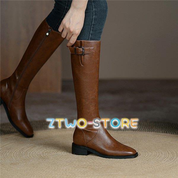 ロングブーツ レディース ロング丈 太ヒール スクエアトゥ トレンド 本革 ローヒール シンプル コスプレ 美脚 おしゃれ 歩きやすい ファスナー付き