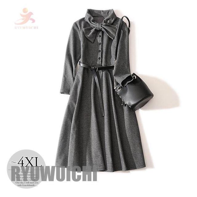 ワンピース ボウタイ ウエストマーク 大きいサイズ ボタン デート フェミニン ママ 女子旅 女子会 食事会 美人 お出かけファッション 休日スタイル