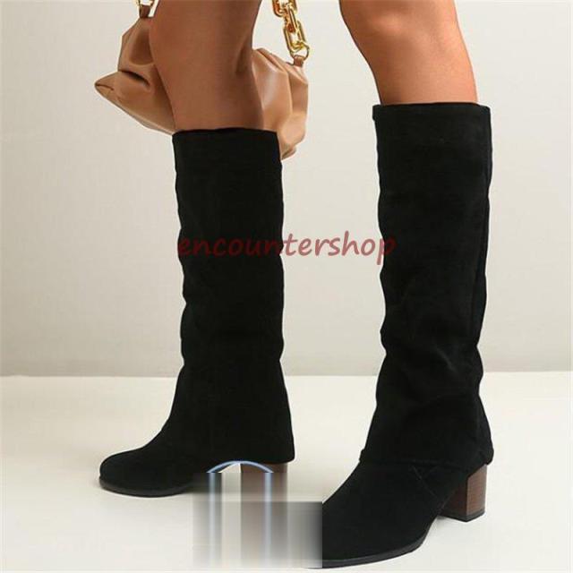 ロングブーツレディースショートブーツ黒大きいサイズロングブーツ防寒太めヒール ロングブーツスエード 美脚 シューズ 秋冬ブーツパーティー?26.5ｃ ｍ