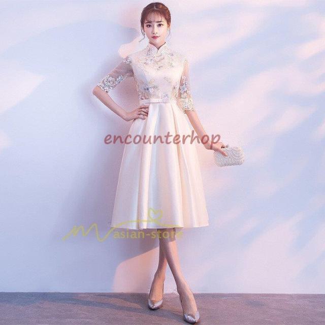 パーティードレス ドレス 結婚式 ワンピース 20代30代 Aライン フォーマル 袖あり 膝丈 ミディアム 2次会 同窓会 謝恩会 披露宴 成人式 演奏会 カジュアル 上品