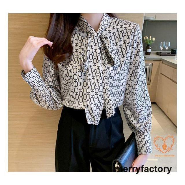 ボウタイ レトロ 柄 ブラウス 長袖 レディース トップス 上品 きれいめ 事務服 シャツ / リボンタイ ボウタイブラウス リボンブラウス パーティー フォ