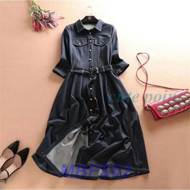 ワンピース ロング マキシ丈 大人 レディース 大きいサイズ 秋 冬 長袖 きれいめ ネイビー デニム シャツワンピース同窓会 ランチ 食事会 30代40代50代 ミセス